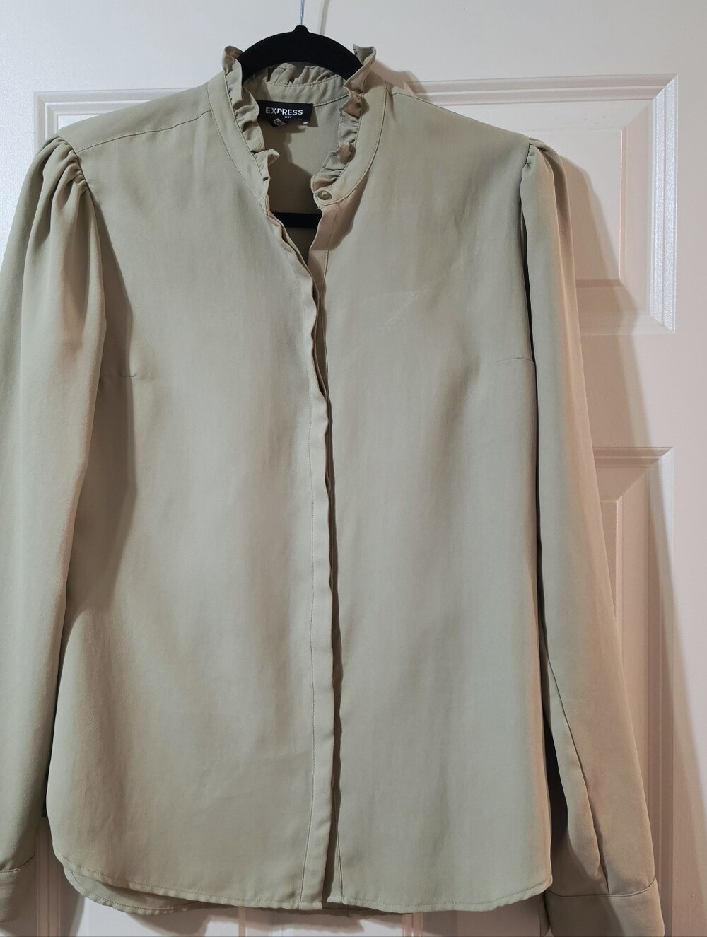 Express Sage Green Ruffle-Neck Long Sleeve Blouse Size M